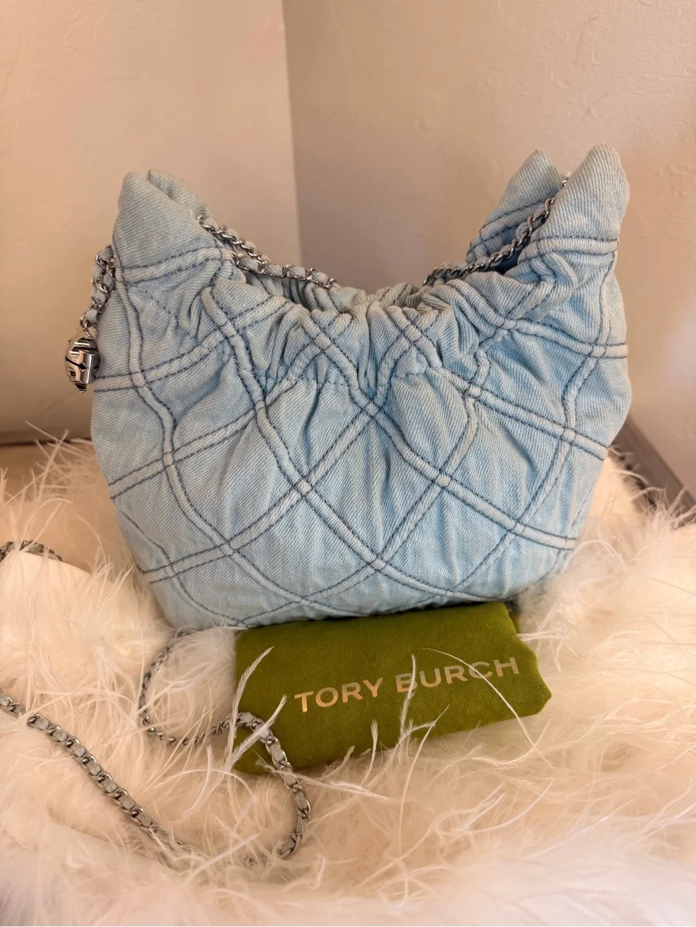 Tory Burch Mini Fleming Quilted Denim Hobo Bag